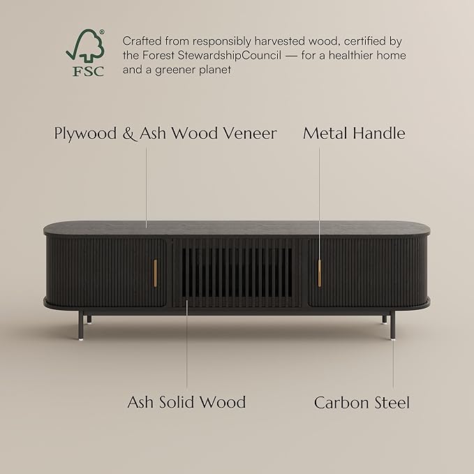 POVISON Fully-Assembled Mid Century Modern TV Stand, Sliding Tambour Door Entertainment Center with Storage, Wood TV Console, Media Console for Living Room Bedroom(Black, 78.74")