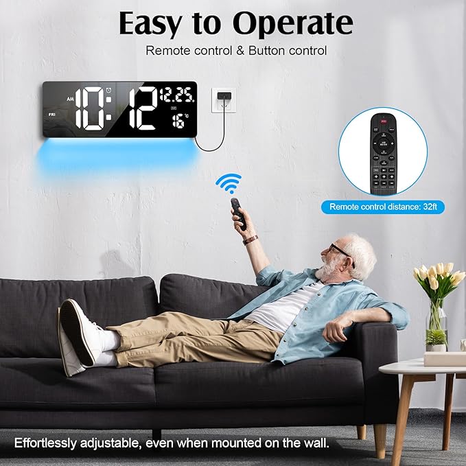 Xflyee 16.5" Digital Clock Large Display with Remote Control, 6-Color Night Light Digital Wall Clock with Dual Alarms, Temperature, Auto DST Large Clock for Living Room, Bedroom, Desk, Mounted, Gift
