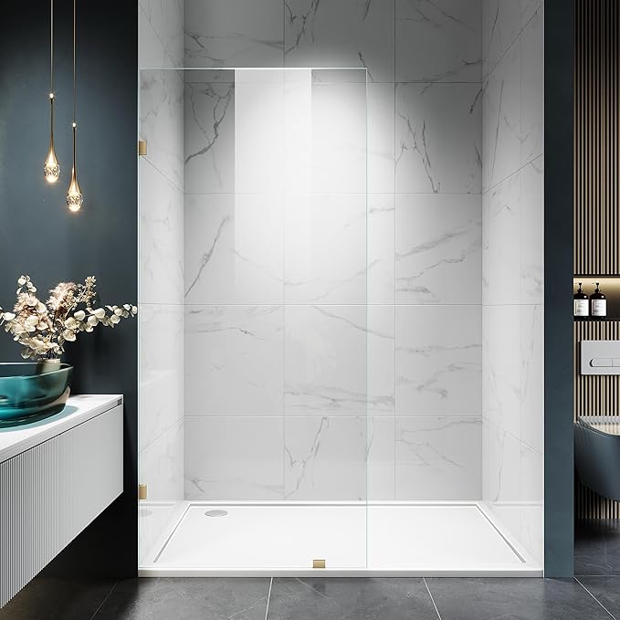 Shower Glass Panel, 35" W x 78.75" H Fixed Shower Screen Panel with 3/8"(10mm) SGCC Clear Tempered Glass, Frameless Walk in Shower Door for Bathroom (Bright Gold, 35" W x 78.75" H)