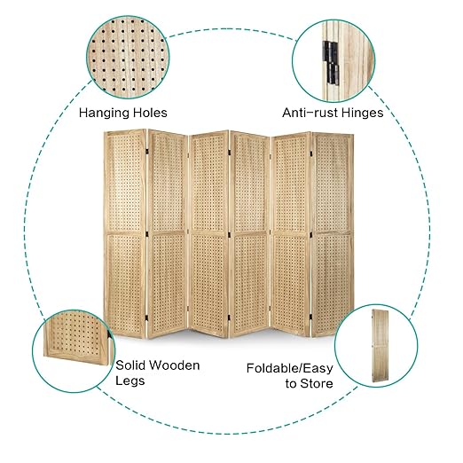 Babion 6 Panel Pegboard Display, Pegboard Room Divider Freestanding Folding Privacy Screens Display Stand for Craft Shows (Natural)