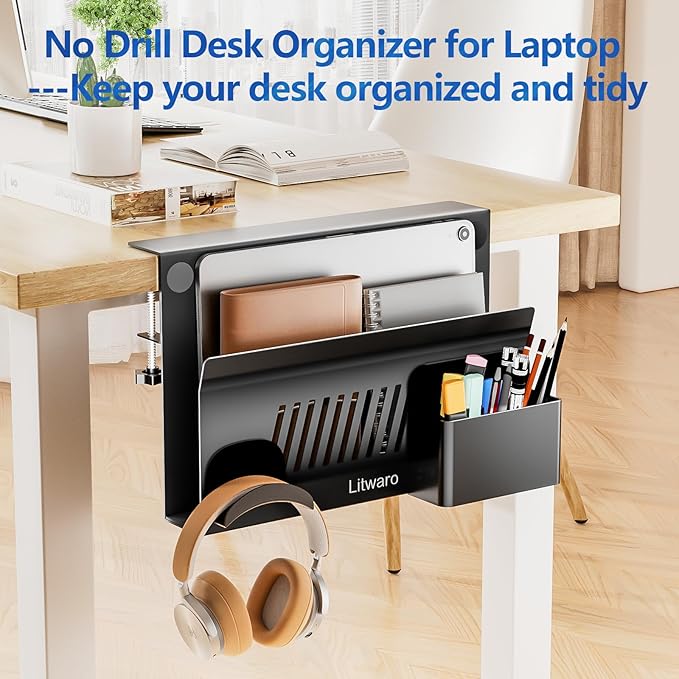 Litwaro Desk Side Storage, No Drill Laptop Holder with Magnetic Pen Holder, Clamp on Laptop Mount with Sticky Headphone Stand, Hanging Organizer for Office, Fits Flat Table Edge 0.4" to 2" (Black) | No Drill, Magnetic Pen Holder, Fits Flat Table Edge