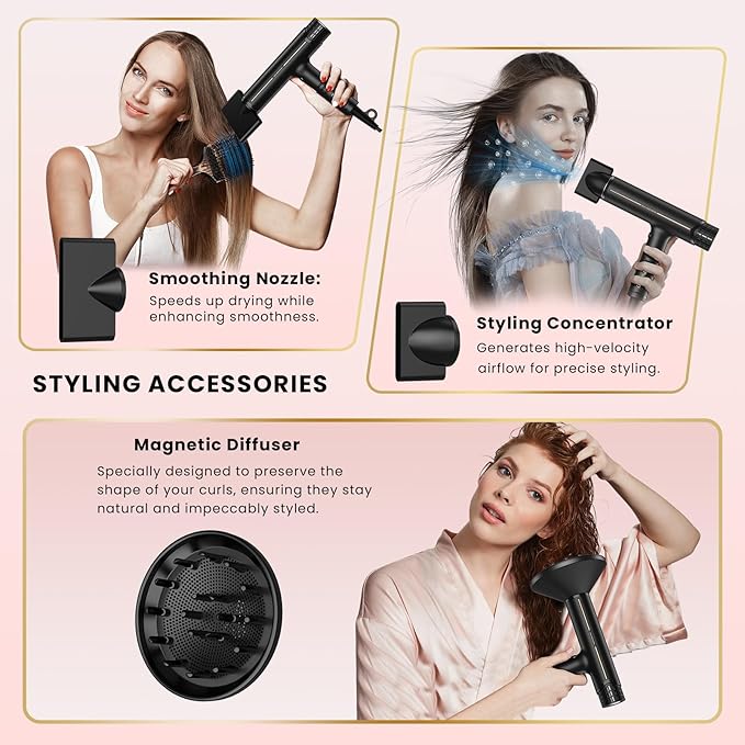 Prastiny Hair Dryer with Diffuser: Professional High Speed Quiet Ionic Blow Dryer - Intelligent Heat Control - Lightweight Portable Travel & Home for Women & Stylists Frizz Free Styling SGS Certified