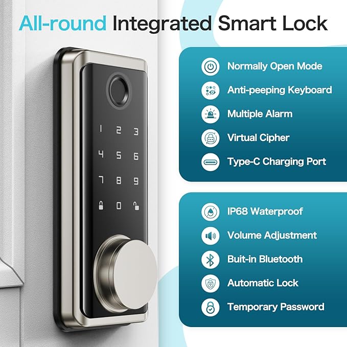 Smart Locks Front Door, Keyless Entry Door Lock with App Control, Fingerprint Deadbolt Alexa with Touchscreen Keypad Code, Bluetooth Electronic Deadbolt Auto-Lock for Home