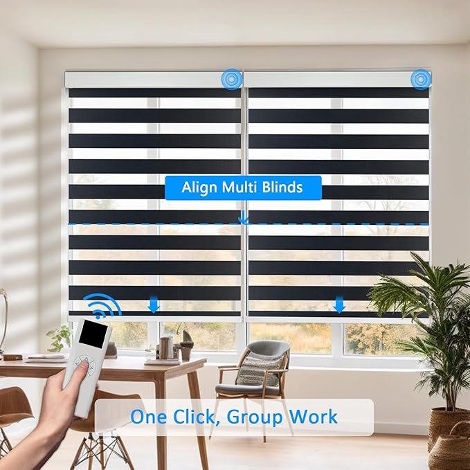 COOLWINDS Motorized Zebra Blinds for Windows Cordless Electric Curtains with Remote Control Blackout Shades Custom Smart Blinds Compatible with Alexa Google Home(Light Filtering Black,Customize)