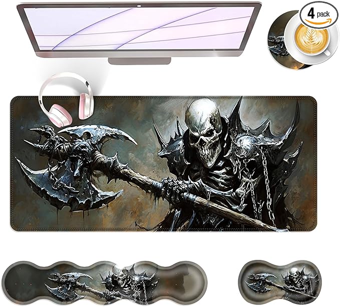 BFUKVOU Large Keyboard Mouse Pad Set, Extended Mouse Pad+Keyboard Wrist Rest Support, Memory Foam Ergonomic Easy Typing, 4Pcs (31.5×11.8 in) Desk Pad Set for Office Home,Funny Skeleton
