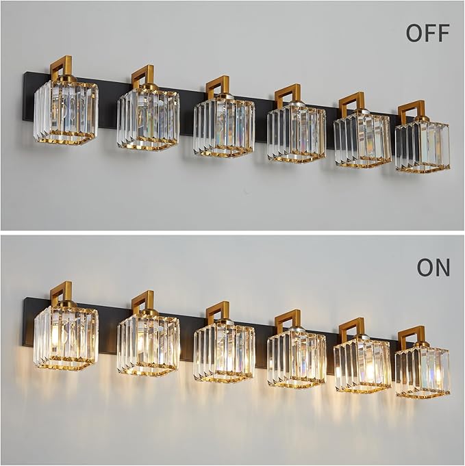FDPBY Modern Bathroom Vanity Light 6-Lights Black Gold Crystal Wall Lamp Bathroom Modern Crystal Vanity Lighting
