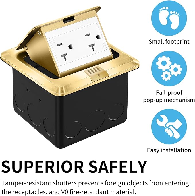 Vagueior Recessed Floor Electrical Outlet Kit,Waterproof Electrical Outlet Covcer Box,Hidden 20A Tamper-Resistant Receptacle Outlet,with Slow Elastic Damping，ETL Certified,Gold(1 Pack)