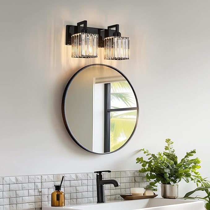 FDPBY Modern Bathroom Vanity Light 2-Lights Plating Black Vanity Light Crystal Wall Light Bathroom Light Fixtures