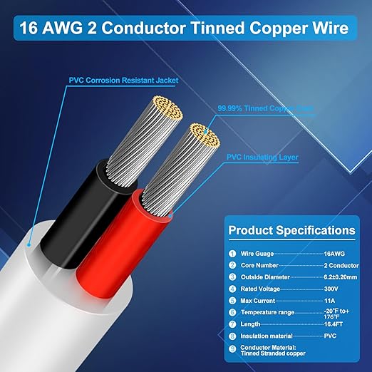 16 Gauge 2 Conductor Electrical Wire, 16.4FT Low Voltage 16/2 Tinned Copper Stranded 2 Wire Cable, 16 AWG White Flexible Extension Power Cord for Automotive, LED Lamp, Outdoor Landscape Lighting Etc