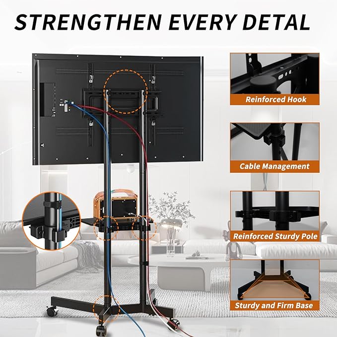 Solid Grace Rolling TV Stand with Wheels for 32-75 Inch TVs up to 88lbs, Portable TV Stand with Shelf, Mobile TV Cart for Living Room, Office, Meeting Room, Outdoor