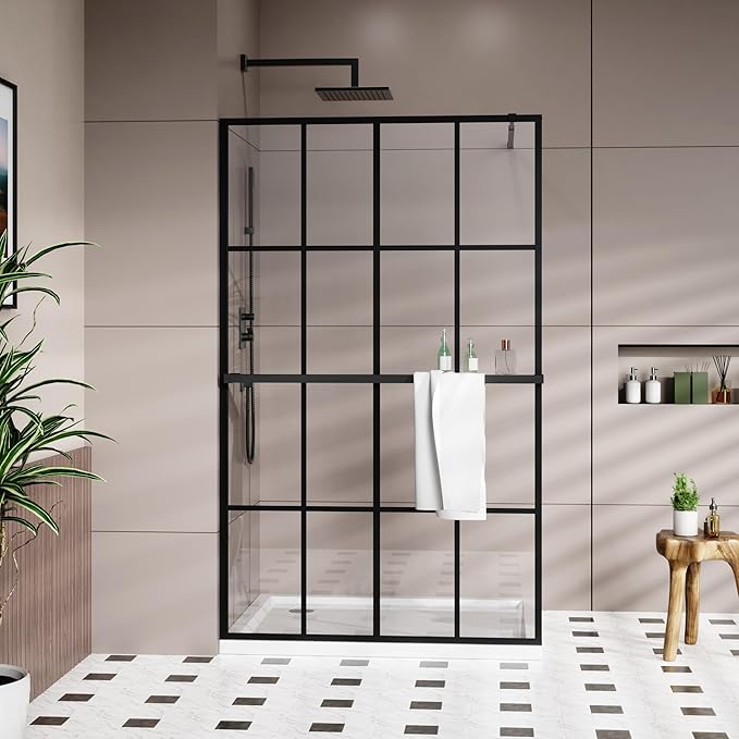 Goodyo 46" x 72" Shower Glass Door Tempered Glass Shower Screen with Towel Rack Tool Bar for Walk in Bathroom, 16-Grid Modern Desigh, Matte Black Finish