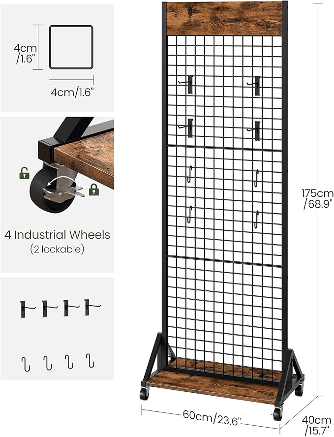 CHOEZON Grid Wall Panel, 2’ x 5.7’ Ft Floor Standing Gridwall Display Rack, Retail Display Stand, with 4 S-Shaped Hooks and 4 Garment Hooks for Entryway Kitchen Outdoor, Rustic Brown and Black TCJ27BF