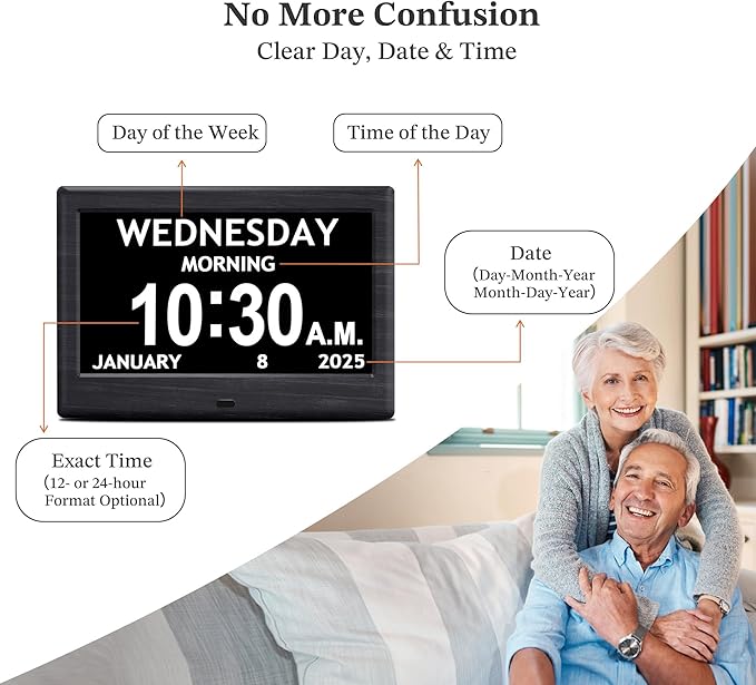 7'' Digital Clocks, 12 Reminders & 6 Alarms, Dementia Clock with Date and Time for Elderly, Auto-Dimming, Button & Remote Control, Auto DST, Digital Calendar for Seniors Large Display, Black Woodgrain