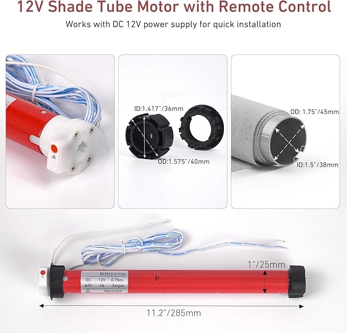 1.75inch (45mm) Blind Motor – 12V Shade Tube Motor with Remote Control – Compatible with 45mm Tubes, Power with DC 12V 2A Power Supply