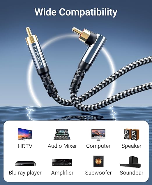 BlueRigger Subwoofer Cable 90D (15FT, RCA Audio, Dual Shielded, Gold Plated, Right Angled Male RCA Connectors) – Compatible with Subwoofer, Amplifier, Home Theater