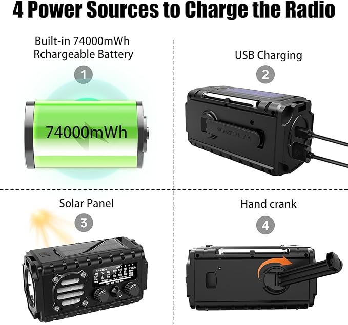 20000mah Hand Crank Emergency Radio, SW/NOAA/AM/FM Weather Radio, Solar Powered Hand Crank Charger with Big Battery Powered, Portable, Cellphone Charge, SOS, Flashlight for Emergency/Home (Black)