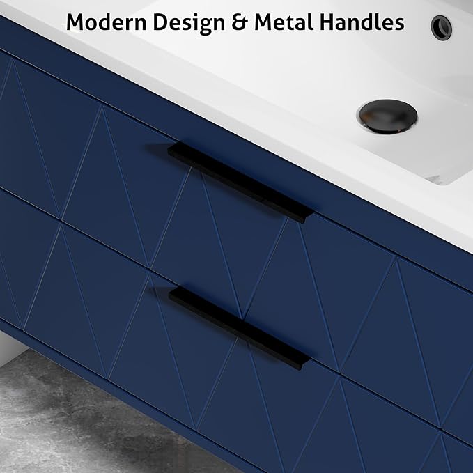 eclife 24" Bathroom Vanities Cabinet with Sink Combo, Wall Mounted Floating Cabinet W/Decor Line, Soft-Close System, 2 Extra Big Drawers, Matte Black Faucet, Navy Blue