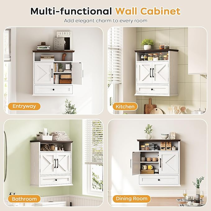 Bathroom Wall Cabinet, Wall Mounted Medicine Cabinet with Drawer, Barn Doors & Adjustable Shelf, 24.4"H x 23.6"W x 9"D White Over Toilet Farmhouse Storage Cabinet for Kitchen, Laundry Room, Entryway