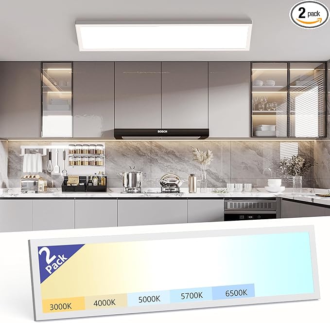 AIKVSXER 1x4 Led Flat Panel Light Surface Mount-2 Pack, 50W 5500Lm Dual Selectable 5CCT 3000K/4000K/5000K/5700K/6500K and Wattage 30-50W 0-10V Dimmable Ceiling Light Fixture for Kitchen/Laundry