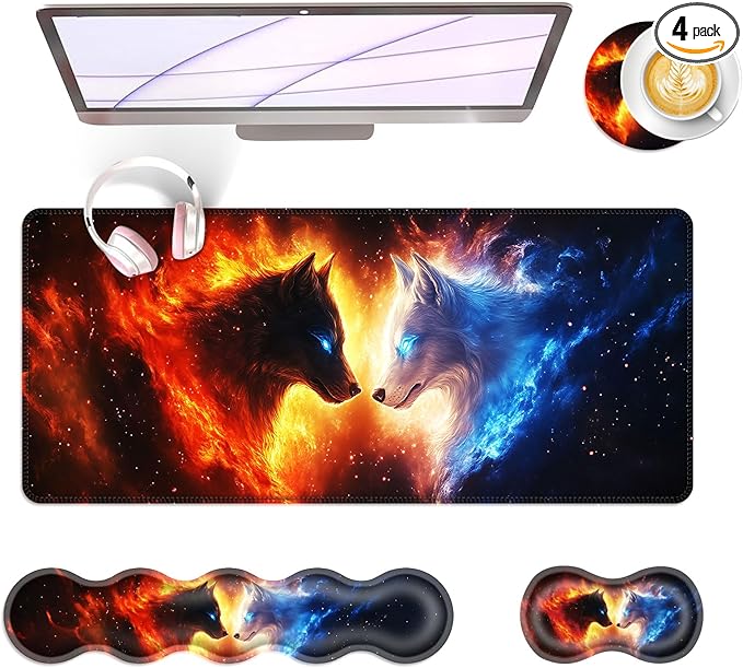 BFUKVOU Large Keyboard Mouse Pad Set, Extended Mouse Pad+Keyboard Wrist Rest Support, Memory Foam Ergonomic Easy Typing, 4Pcs (31.5×11.8 in) Desk Pad Set for Office Home,Cool Wolves