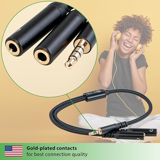 fouraces AUX y Splitter - 4 Pole, Adapter Cable Very Short - 1 ft - 3.5 mm - 2 Headphone Connections for PC, PS4, Microphone - Jack Crossover, Audio Splitter for Two People