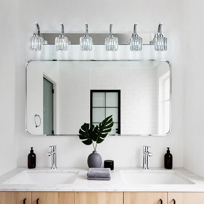 FDPBY 6-Light Crystal Vanity Light, Chrome Modern Wall Sconce with K9 Crystal Shades, 51.18" Long Over Mirror Lighting for Bathroom, Makeup, Hallway, Elegant & Easy Install