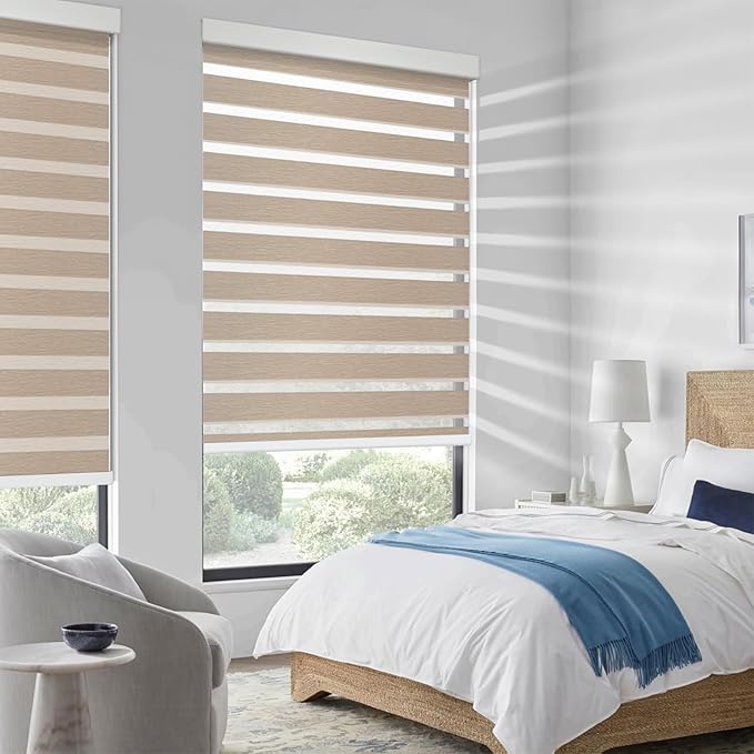 COOLWINDS Motorized Zebra Blinds for Windows Cordless Electric Curtains with Remote Control Blackout Shades Custom Smart Blinds Compatible with Alexa Google Home(Roomdarking Caramel,W37 X 72in)