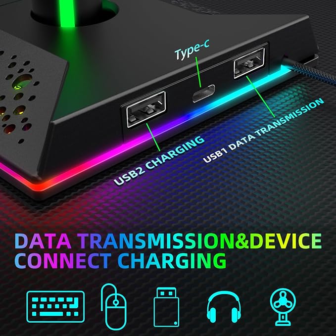 CybJoy Gaming Headphone Stand PC Accessories - RGB Headset Stand with 2 USB and 1 Type-C Ports, LED Headphone Stand Gift for Boys Men, Computer Game Accessories for Desk