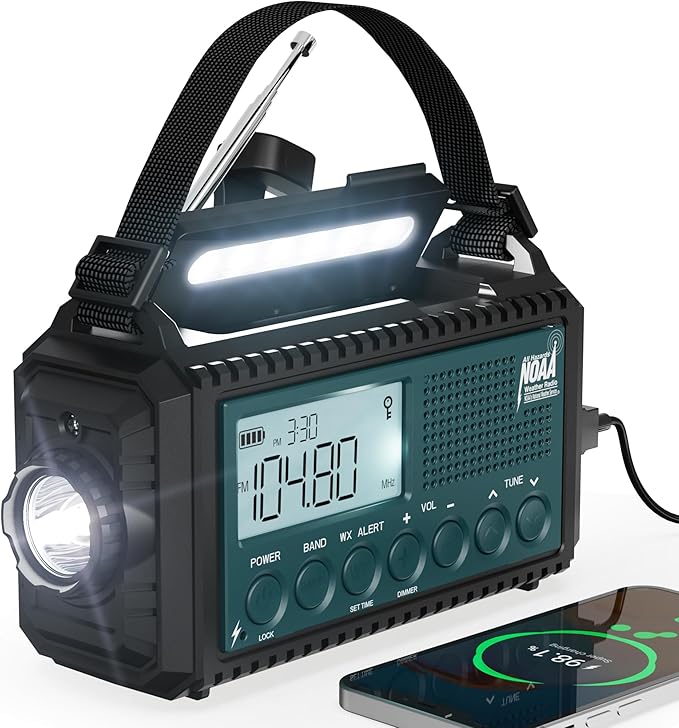 Emergency Weather Radio with AM/FM/NOAA/SW, 5 Ways Powered Solar Hand Crank Alert Radio with LCD Display&SOS, 5000 Portable Radio with Cellphone Charger, Flashlight, Reading Lamp, Headphone Jack