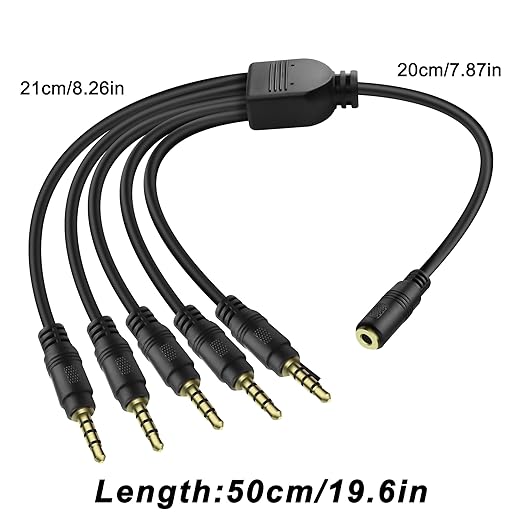 MEIRIYFA 3.5mm Headset Splitter Cable 1/8" 4-Pole/3-Rings TRRS 1 Female to 5 Male Stereo Jack Audio AUX Headphone Splitter Cable 1 Input 5 Output Headphone Headset Extender Cord-50CM