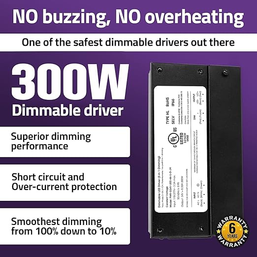 HitLights 300W Dimmable LED Driver, Electronic Transformer, 120V AC to 12V DC Power Supply for LED Strip Light, IP66 Rated, Dimming with TRIAC, 0-10V, 1-10V, Potentiometer, 10V PWM, UL Listed, Class 2