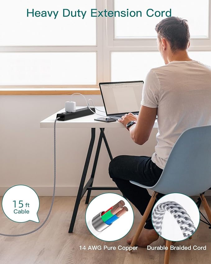 Surge Protector Power Strip 15 Ft Cord, Ultra Thin Flat Extension Cord with 6 Outlets 4 USB Ports(2 USB C), Flat Plug Power Strip, 15 Ft Long Power Cord, Home Office College Dorm Room Essentials