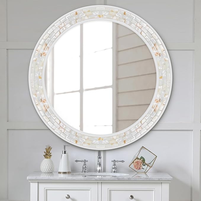 Tanmicoshomy Round Wall Mirror 28 Inch,Circle Mosaic Mirror with Natural Shell and Wood Frame, Decorative Coastal Round Wall Mirror for Bathroom Bedroom Living Room Entrayway