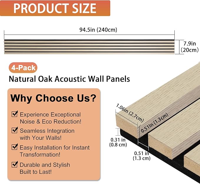 QDYMXUN Wood Slat Acoustic Wall Panels, 4-Pack 94.5'' x 7.9'' 3D Fluted Sound Absorbing Paneling for Interior Accent Wall Decor, Living Room (Natural Oak)