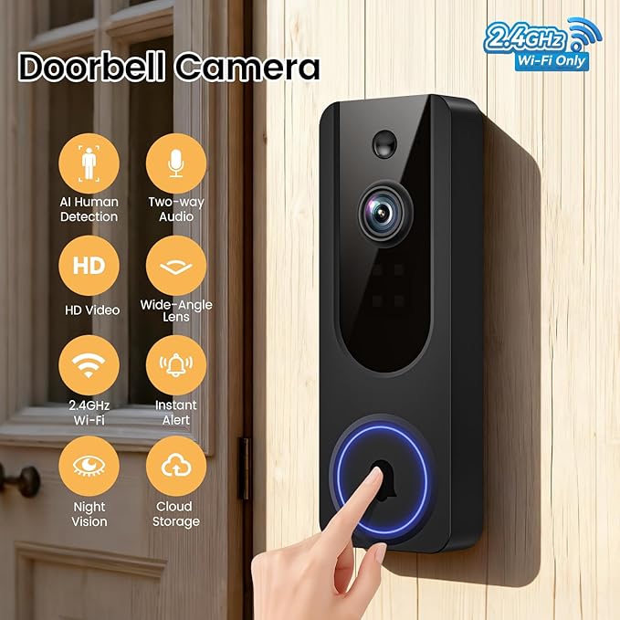 VanaOrbi 1080p WiFi Video Doorbell Camera Wireless, Battery Powered, AI Human and Motion Detection, 2 Way Talk, Night Vision, Cloud Storage, 2.4G WiFi Only, Indoor/Outdoor Surveillance