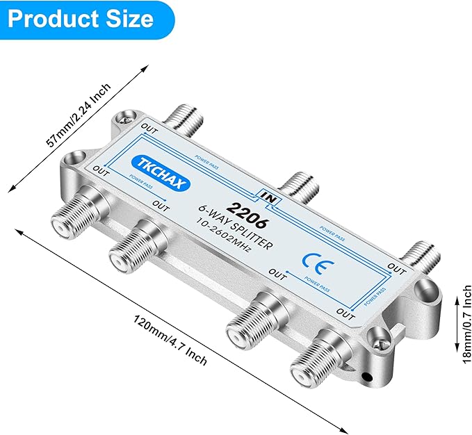 TKCHAX Coaxial Cable Splitter,Support 10-2602MHz,RG6 RG59 Coax Compatible,Work with MoCA2.5 and MoCA3.0, CATV, Satellite TV, Antenna, HDTV and High Speed Internet (6 Way Coaxial Cable Splitter)