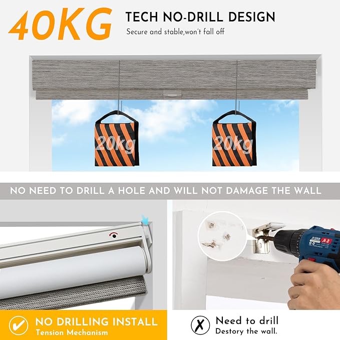 Persilux Smart Motorized Blinds with Remote, No Drill Automatic Roller Shades for Indoor Windows, Blackout Linen Fabric, Electric Blinds for Windows, Weave Blend Smoke C162BO-7, Custom Size