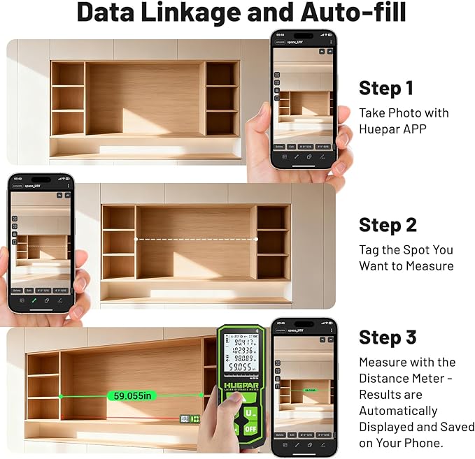 Laser Measuing Tool with Bluetooth APP, 200ft, ±1/16" High Accuracy, Huepar Rechargeable Green Beam Laser Distance Meter Multiple Measurement Modes, IP54 Durable for Home & Construction