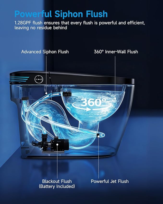 WANSID Black Smart Toilet with Bidet Built In, Auto Open/Close Lid, Heated Seat, Warm Wash & Dryer, Night Light, Soft-Close,Modern Elongated Tankless One Piece Toilets, 1.28 GPF