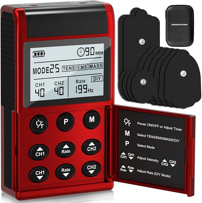 KingPavonini 4-IN-1 TENS Unit Muscle Stimulator, DIY & TENS & EMS & MASS, Dual-Channel 40 Intensities TENS Machine, Muscle Stimulator for Pain Relief Therapy Sciatica Back Pain, 12 Pads (Model: B2501)