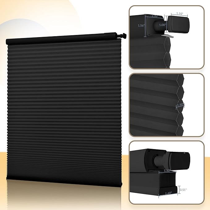 Boolegon No Drill Motorized Cellular Blinds with Remote Motorized Blackout Honeycomb Blinds for Indoor Windows Easy to Install Automatic Cellular Shades for Home,Light Filtering Black,Custom Size