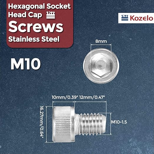 Kozelo 10pcs Socket Head Cap Screws - [M10-1.5 x 12mm] 304 Stainless Steel Allen Socket Drive for Electrical Motor 3D Printing Fan Engine Replacement Use, Silver
