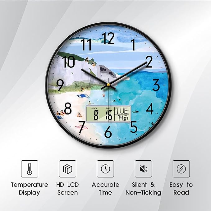 SCOAGE Silent Wall Clock with Temperature Day and Date Blue Mountain and Sea Beach Non-ticking Kitchen Clock Digital Large Display Battery Operated Clocks Decor for Bathroom Living Room Office 12 Inch