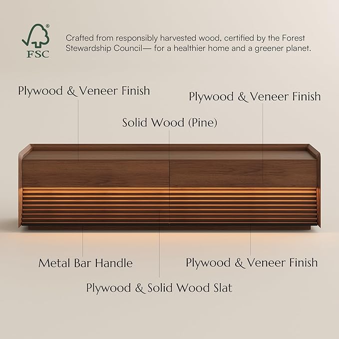 POVISON Fully-Assembled Mid Century Modern TV Stand, 70.87" Wood Media Console with Adjustable LED Light, Entertainment Center with Storage for Living Room