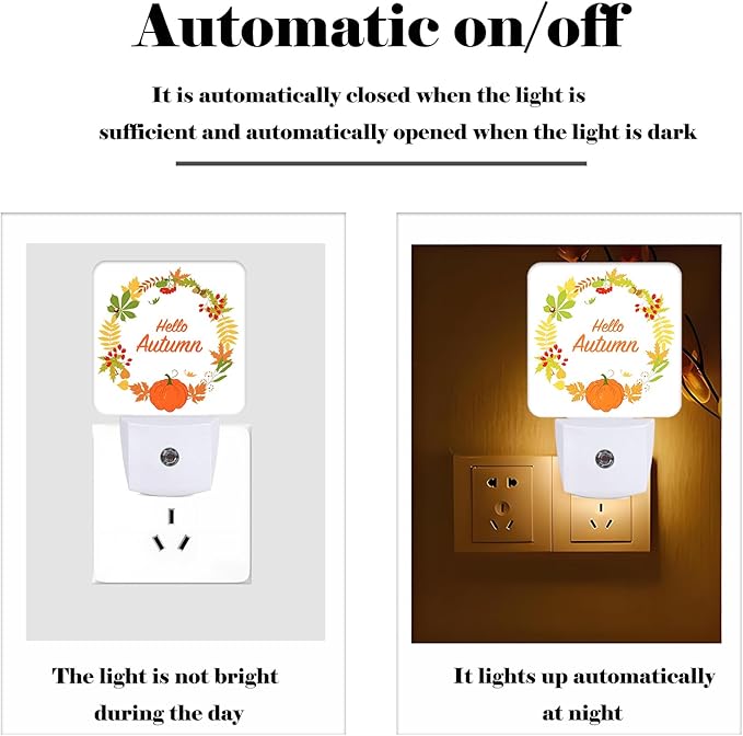 FSHVQKD Hello Autumn Night Light,Plug Into Wall with Dusk to Dawn Light Sensors, Warm Nightlights for Bedroom, Bathroom, Hallway, Kitchen, Gifts Ideal for Boys Girls Women Men