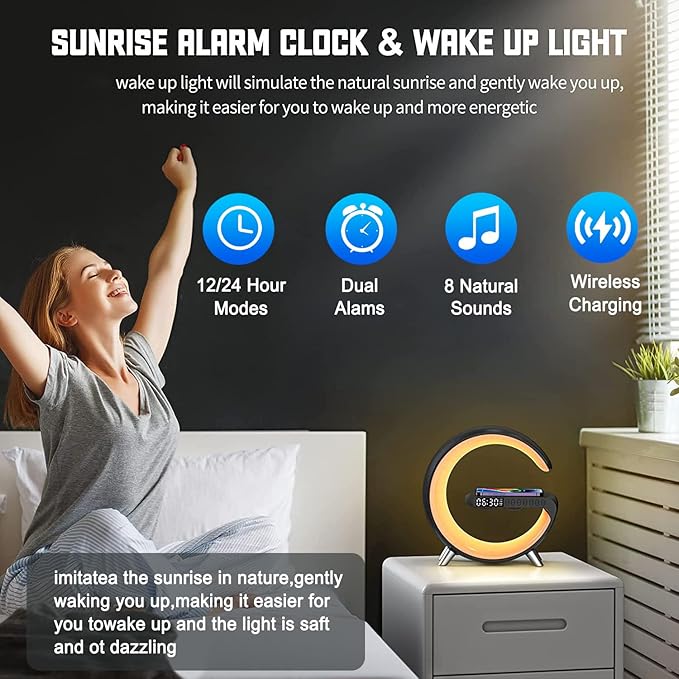 Smart Table Lamp, 15W Wireless Charger Station with LED Atmosphere Lamp, Bedside Night Light, Alarm Clock, Bluetooth Speaker with App Control for Home Decor, Gift for Girls Boys for Birthday Christmas