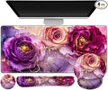 Gaming Mouse Pad, Large Desk Mat, Cute Desk Pad Protector, 4in1 XXL Mousepad + Keyboard Wrist Rest+Mouse Wrist Rest+Coaster Set with Ergonomic Desk Pad for Home Office PC, Marble Rose Purple Flowers