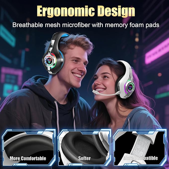 Ordtop 2.4GHz Wireless Gaming Headsets for PS5/PS4/Switch, 2026 RGB Noise Cancelling Over-Ear Headphones with 7.1 Surround Sound, 40mm Drivers, 276g Ultraligero, Memory Foam, 45H Gaming Headphones
