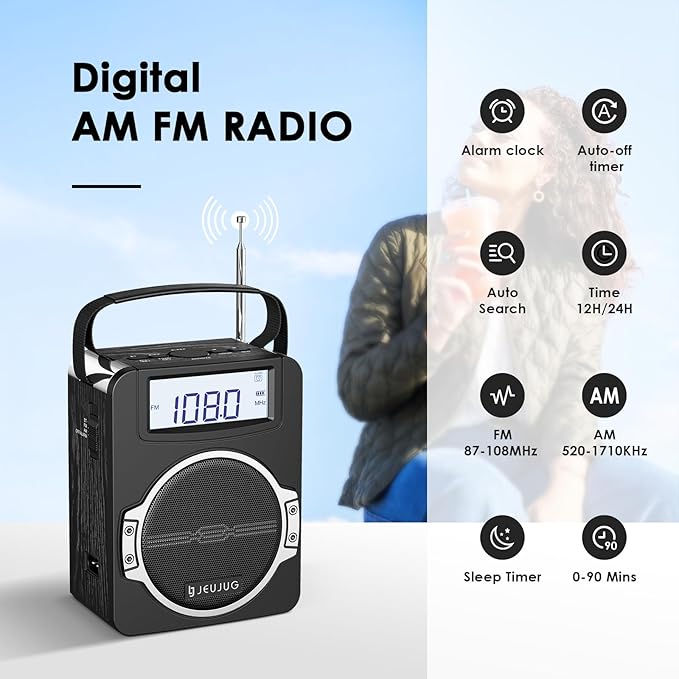 JEUJUG Radio Portable AM FM Digital Radios Clock Radio with Bluetooth 5 Watts Loud Speaker Rechargeable AM FM Radios Plug in Wall Battery Operated Best Reception for Home Outdoor Great Gift Black