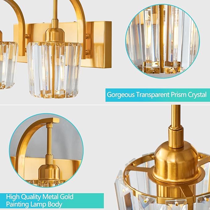FDPBY Modern Bathroom Vanity Light, 2-Light Gold Wall Sconce with Crystal Accents, Over Mirror Bathroom Lighting Fixture, 13.77" Long Dimmable Vanity Lamp for Makeup, Easy Installation